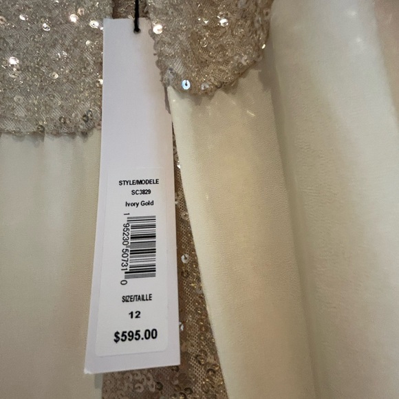 Baggley Mischka SC3829 Ivory Gold Sequined Midi Sheath with Georgette Cape - Picture 2 of 10